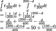 \int_{0}^{d}{t\frac{2}{200}dt} + \int_{d}^{200-d}{t\frac{1}{200}dt} \\ = [\frac{t}{200}]_0^d+[\frac{t}{400}]_d^{200-d} \\ = \frac{d}{200} + \frac{(200-d)}{400}-\frac{d}{400} \\ = \frac{(200-d)+d}{400} = 50 + \frac{(100-d)}{200}
